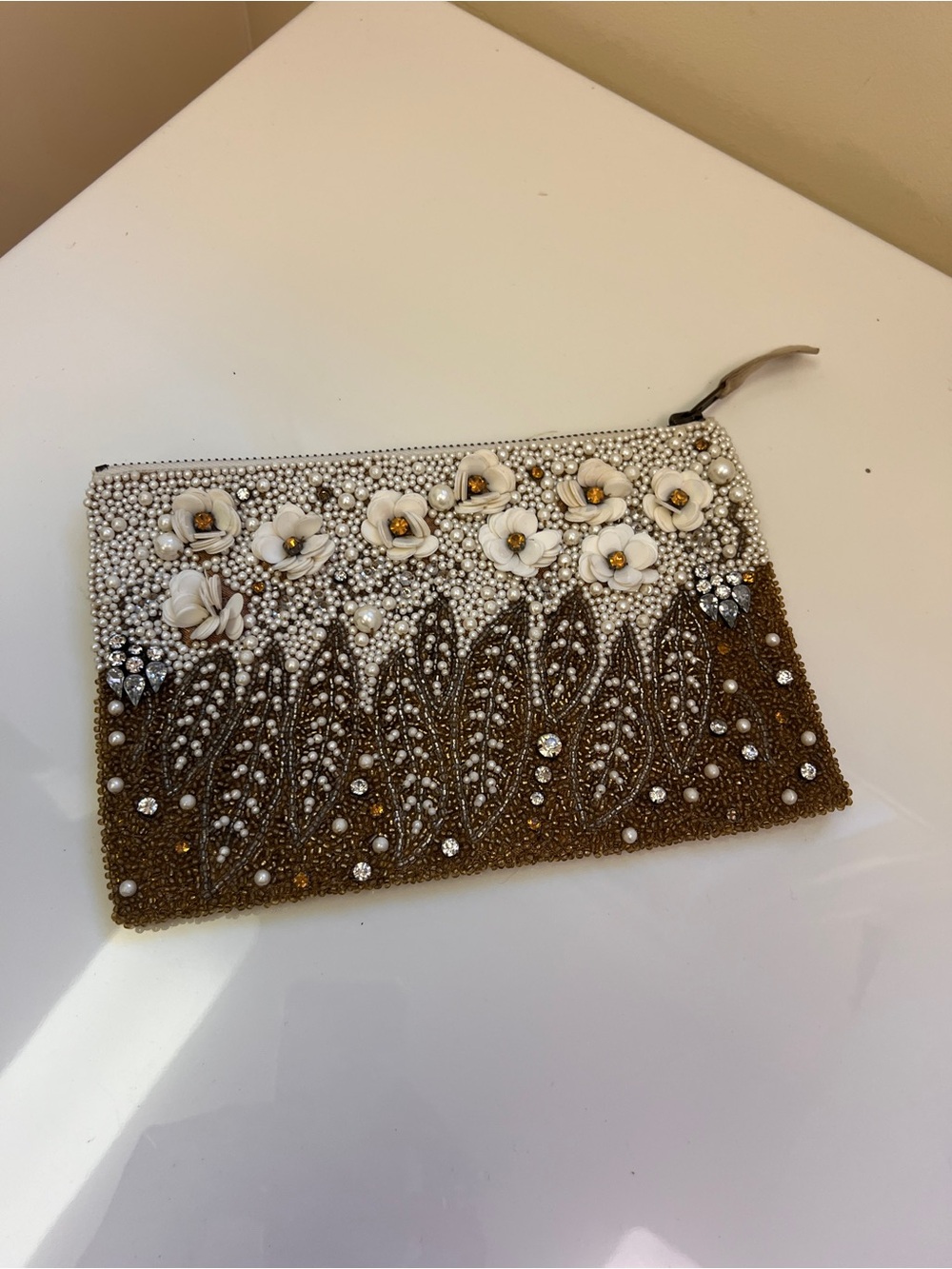Embellished Beaded Floral Clutch - White & Gold